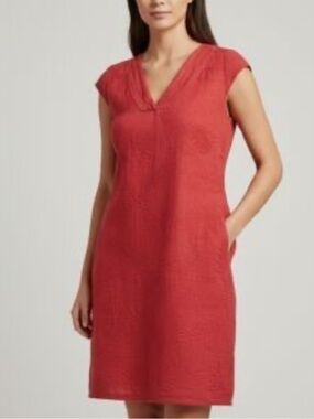Lina Tomei Red linen embroidered floral sleeveless dress size Small